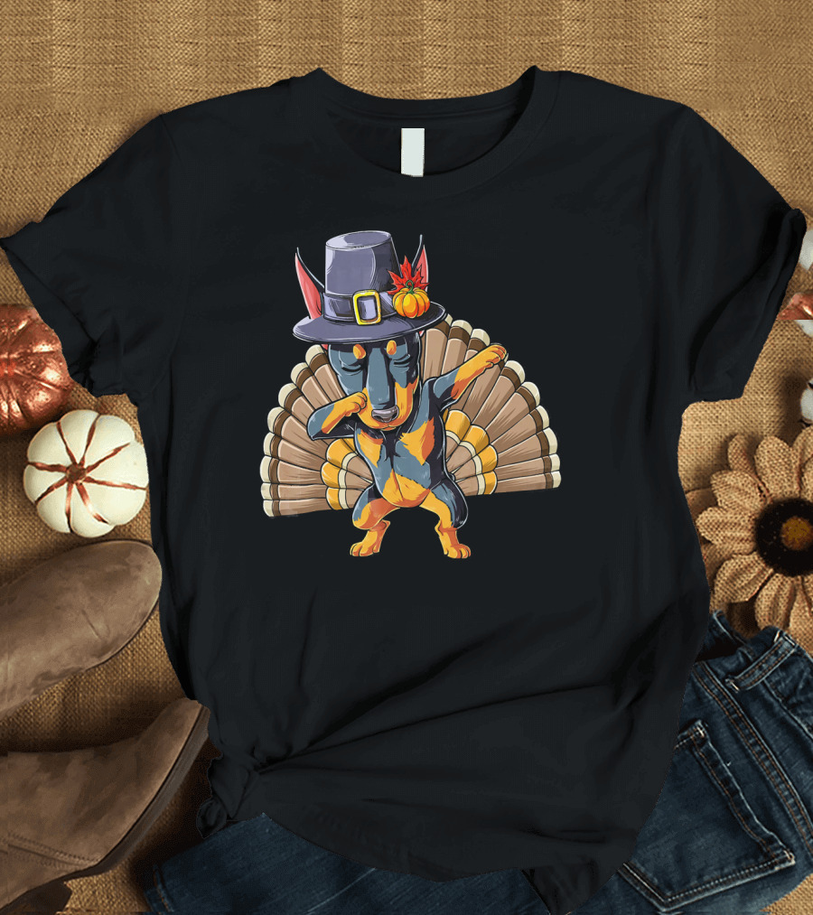 Thanksgiving Pilgrim Hat Dabbing Dog with Turkey Feathers T-Shirt