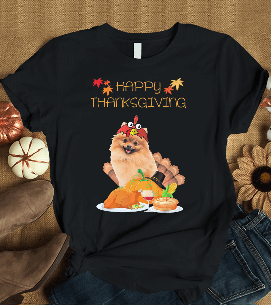 Happy Thanksgiving Day Pomeranian Turkey Pumpkin Pie T-Shirt