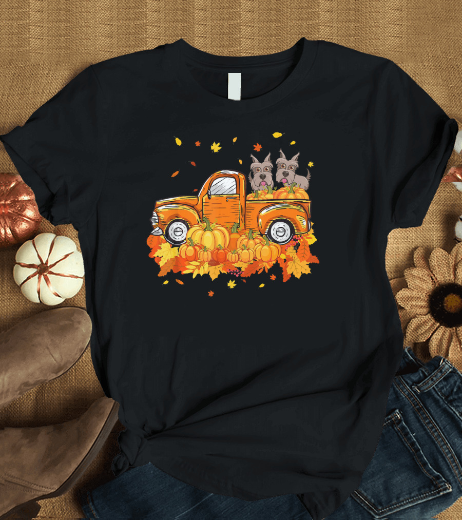 Scottie Dogs in Pumpkin-Filled Truck Surrounded by Autumn Leaves Halloween T-Shirt