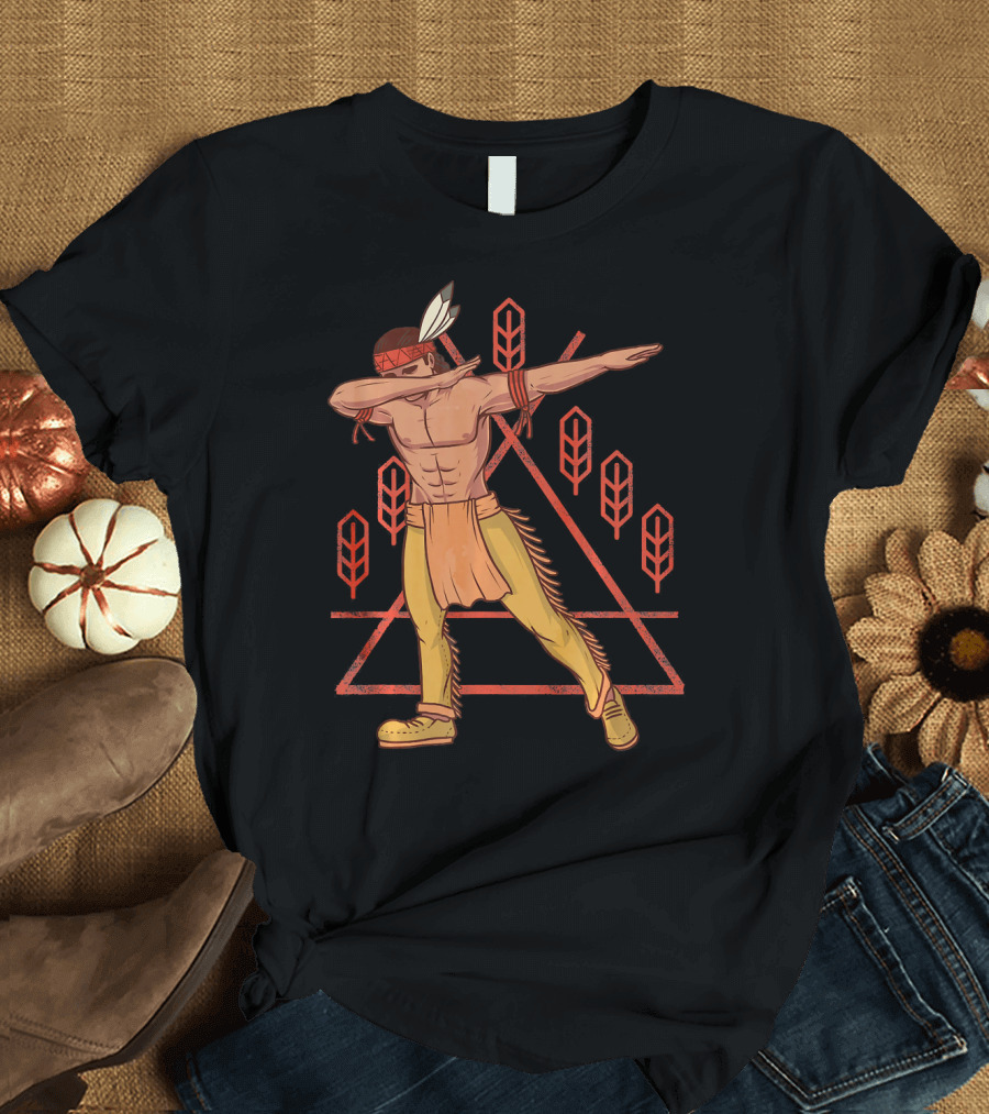 Thanksgiving Dabbing Native American Geometric Feather Motif T-Shirt