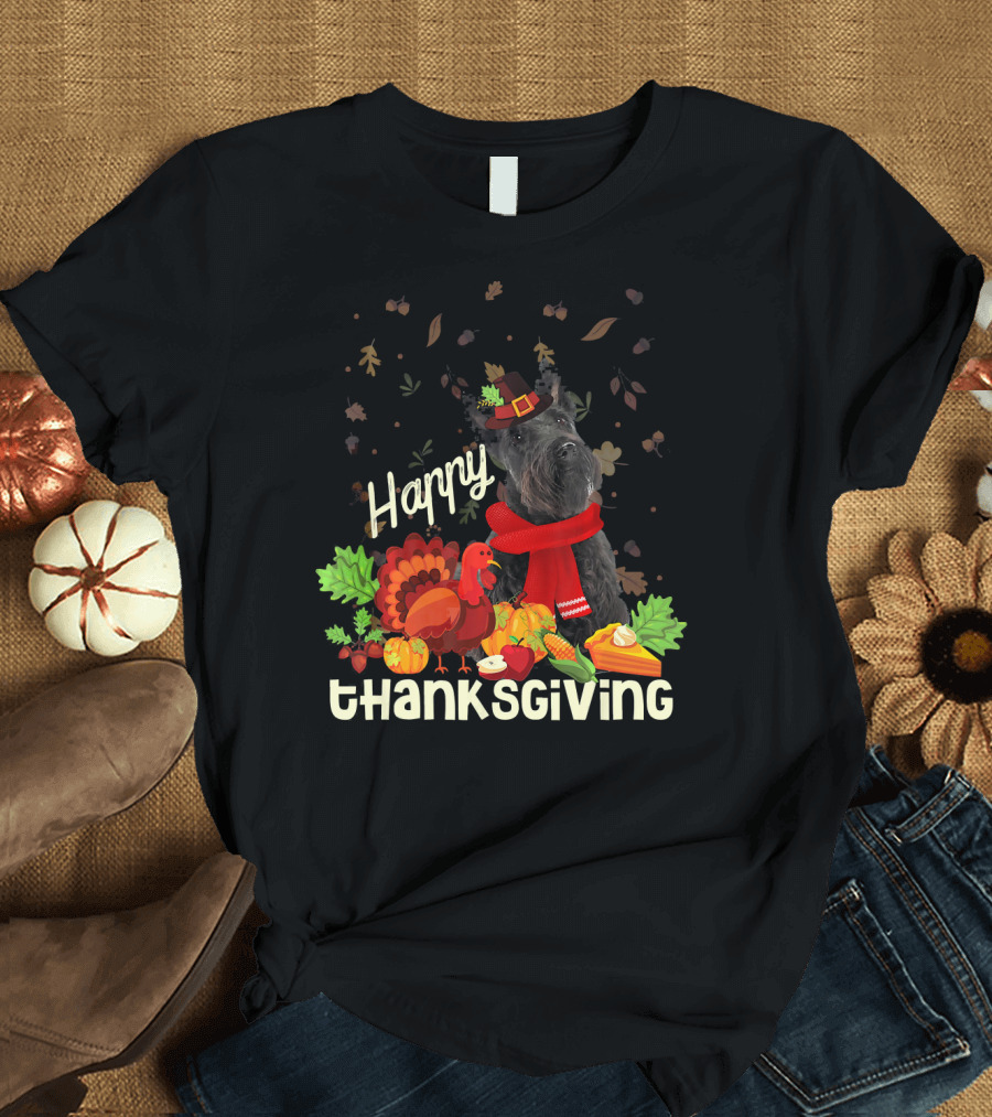 Happy Thanksgiving Pilgrim Scottish Terrier With Turkey and Fall Leaves T-Shirt