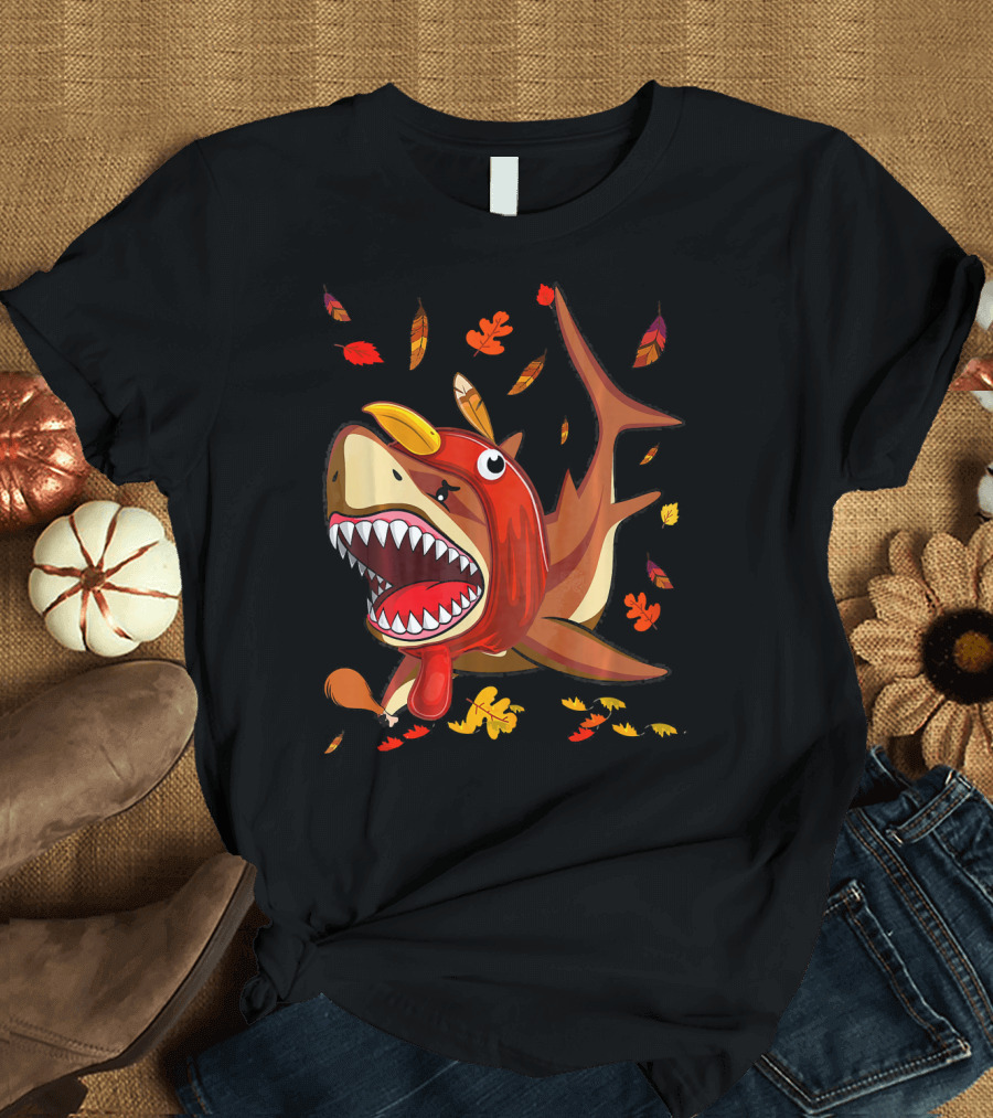 Thanksgiving Shark Doo Doo Doo Turkey Costume with Fall Leaves T-Shirt