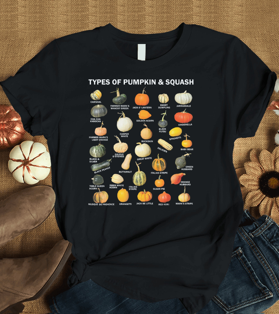 Types of Pumpkin and Squash Carnival to Mark's Stripe Autumn Harvest T-Shirt