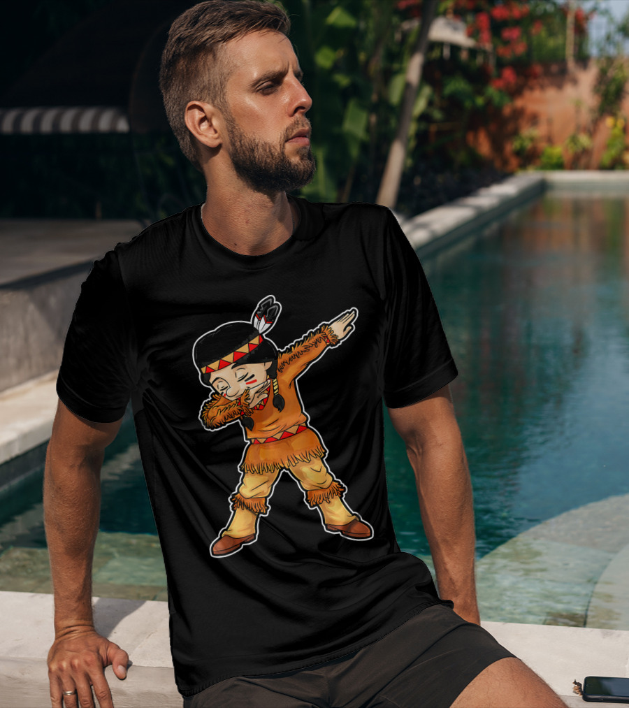 Dabbing Native American Pilgrim In Traditional Attire T-Shirt