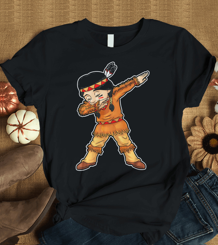 Dabbing Native American Pilgrim in Traditional Attire T-Shirt