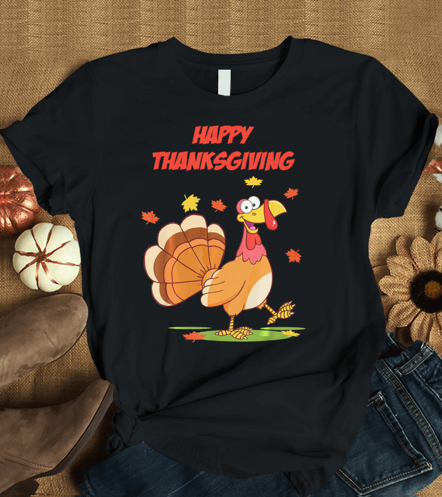 Happy Thanksgiving Funny Turkey Festive Cartoon with Falling Leaves T-Shirt