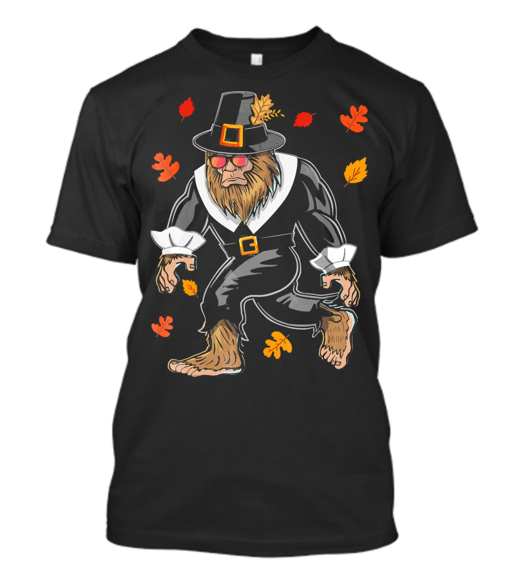 Thanksgiving Pilgrim Bigfoot Sasquatch With Autumn Leaves T-Shirt