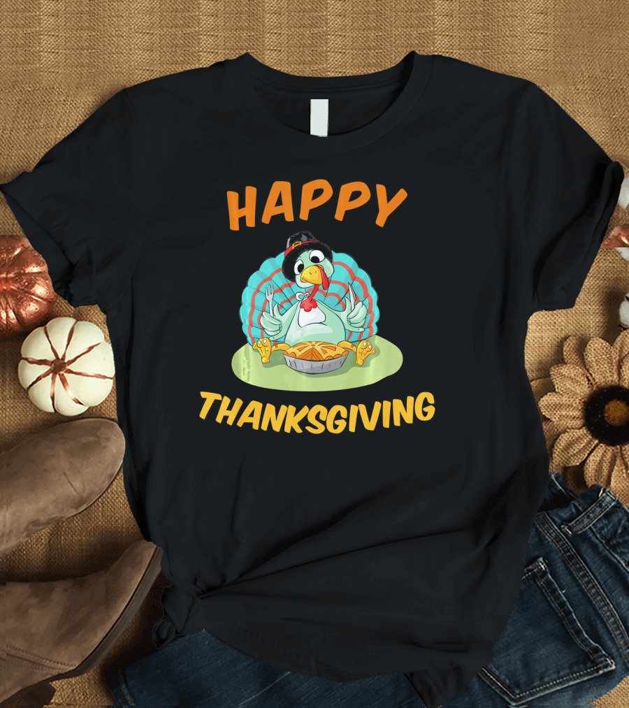 Happy Thanksgiving Funny Turkey Day Turkey Eating Pie T-Shirt
