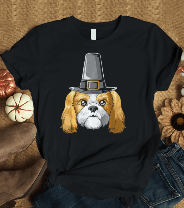 T-Shirt: Shih Tzu Wearing Pilgrim Hat Thanksgiving T-Shirt Shih Tzu Wearing Pilgrim Hat Thanksgiving T-Shirt