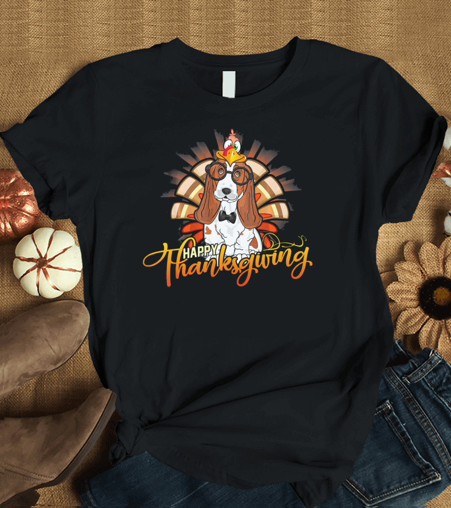 Happy Thanksgiving Basset Hound with Turkey Hat T-Shirt