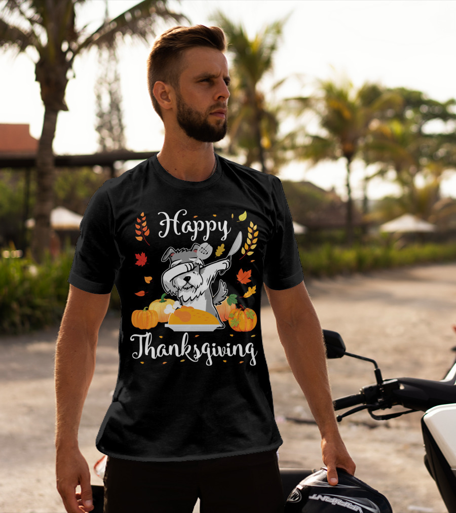 Happy Thanksgiving Schnauzer Dabbing With Turkey And Pumpkins T-Shirt