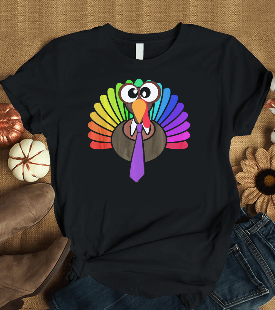 Turkey Face Tie Thanksgiving Colorful Feathers T-Shirt
