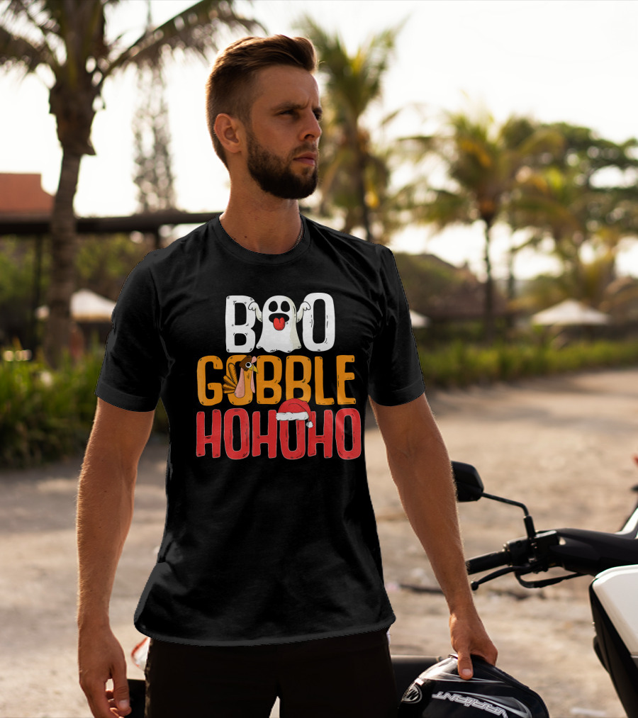 BOO GOBBLE HOHOHO Ghost Turkey Santa Hat T-Shirt