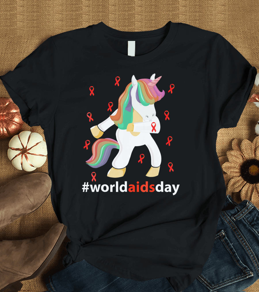 WorldAIDSDay Unicorn with Red Ribbons December 1st T-Shirt