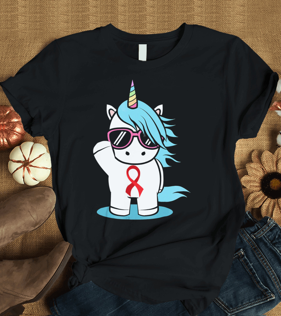 Unicorn with Sunglasses Red Ribbon Aids Awareness HIV Stigma Support T-Shirt