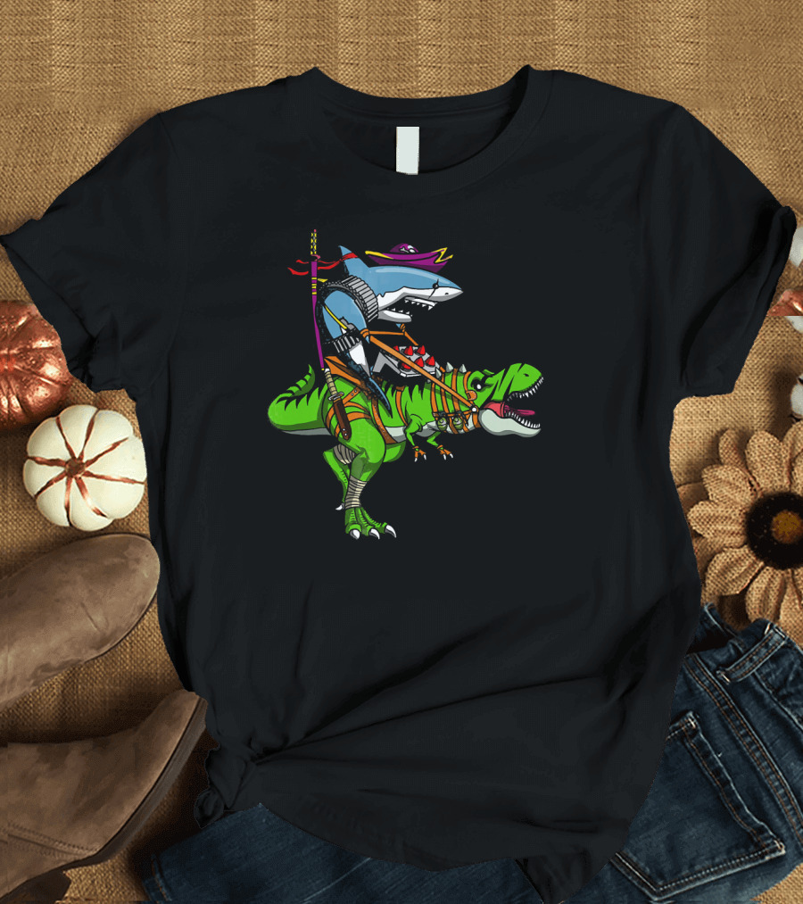 Shark Ninja Samurai on T-Rex Dinosaur Adventure T-Shirt