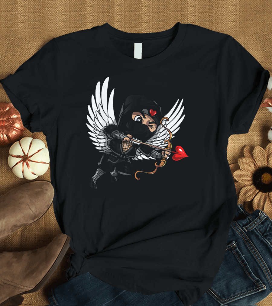 Ninja Cupid Valentine with Bow and Heart Arrow Angel Wings T-Shirt