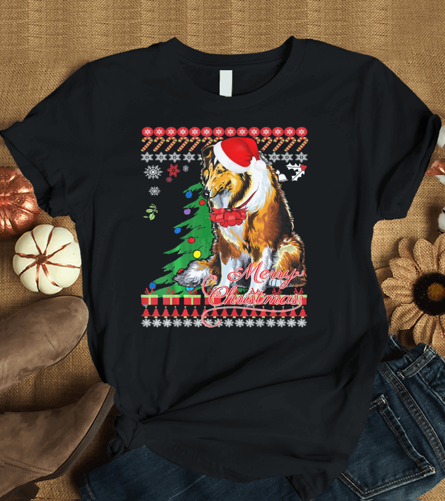 Merry Christmas Rough Collie Santa Hat Snowflakes Gifts Holiday T-Shirt