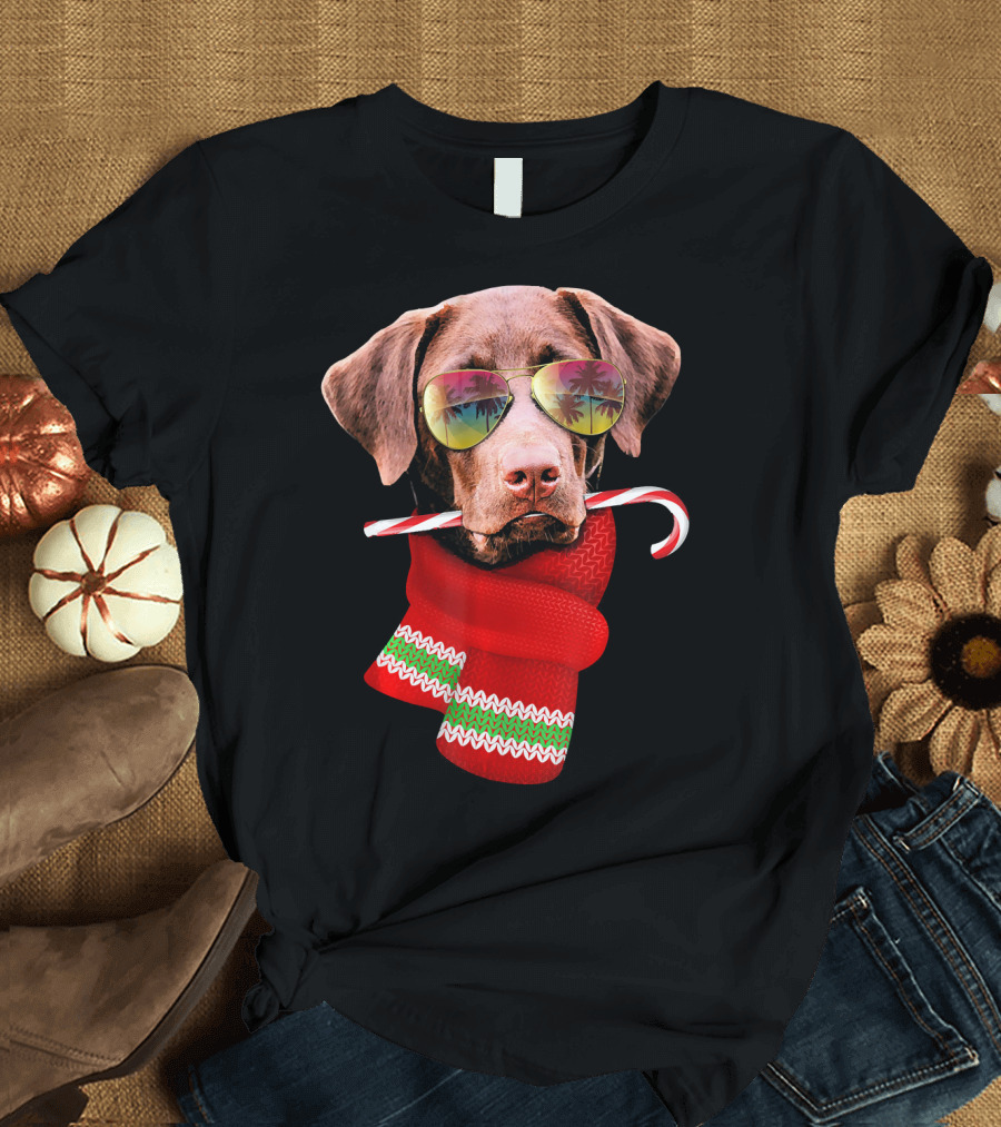 Christmas in July Labrador Sunglasses Candy Cane Scarf T-Shirt