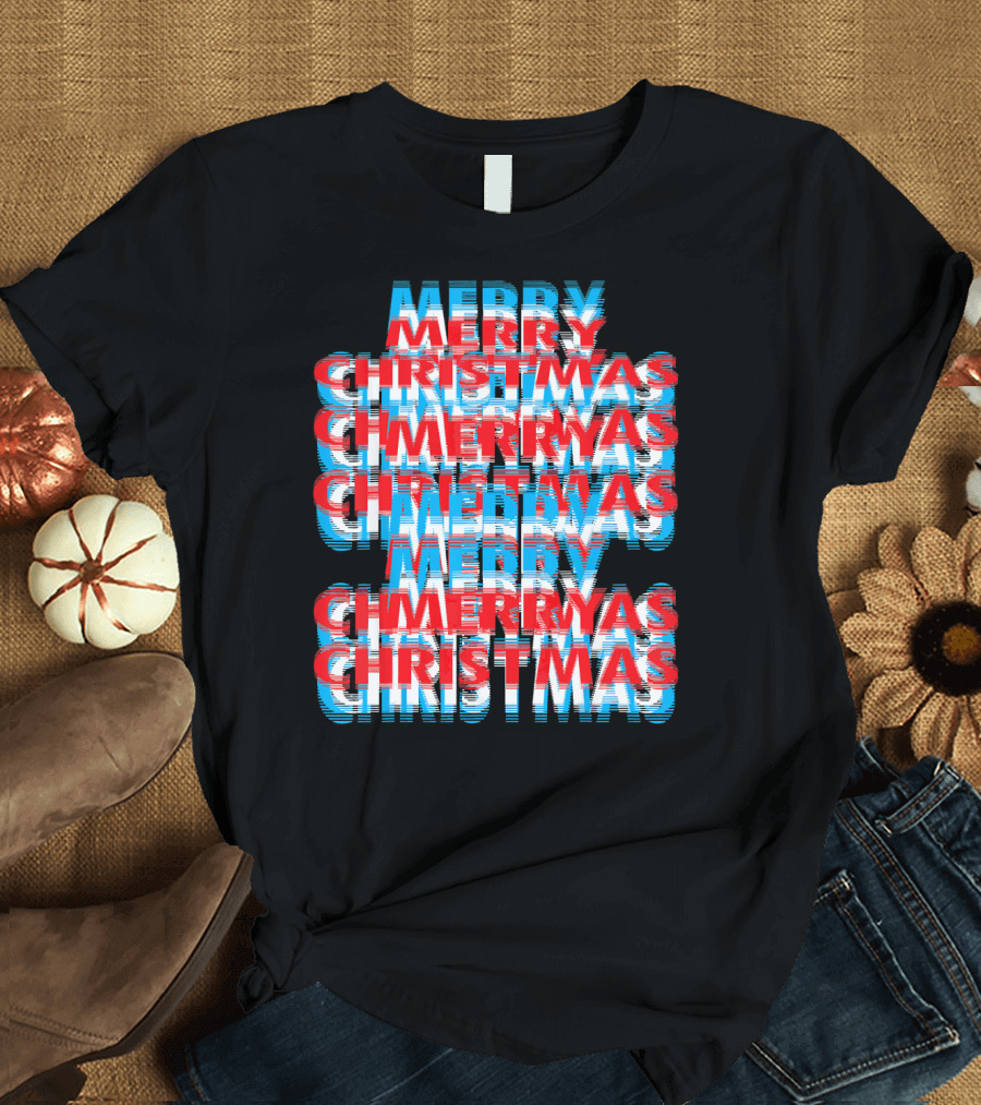 Merry Christmas Blurred Double Layered Text Effect T-Shirt