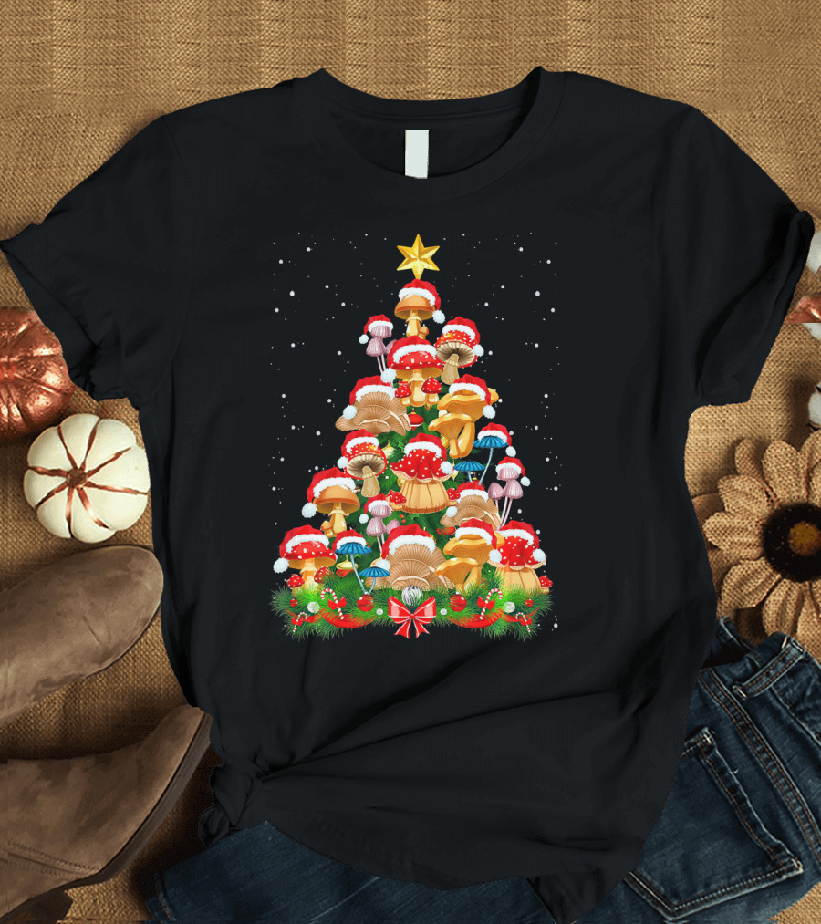 Mushroom Christmas Tree with Santa Hats and Snowflakes for Garden Lovers T-Shirt