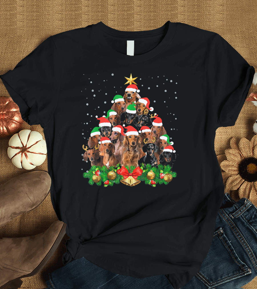 Funny Dachshund Christmas Tree with Santa Hats and Holiday Decorations T-Shirt