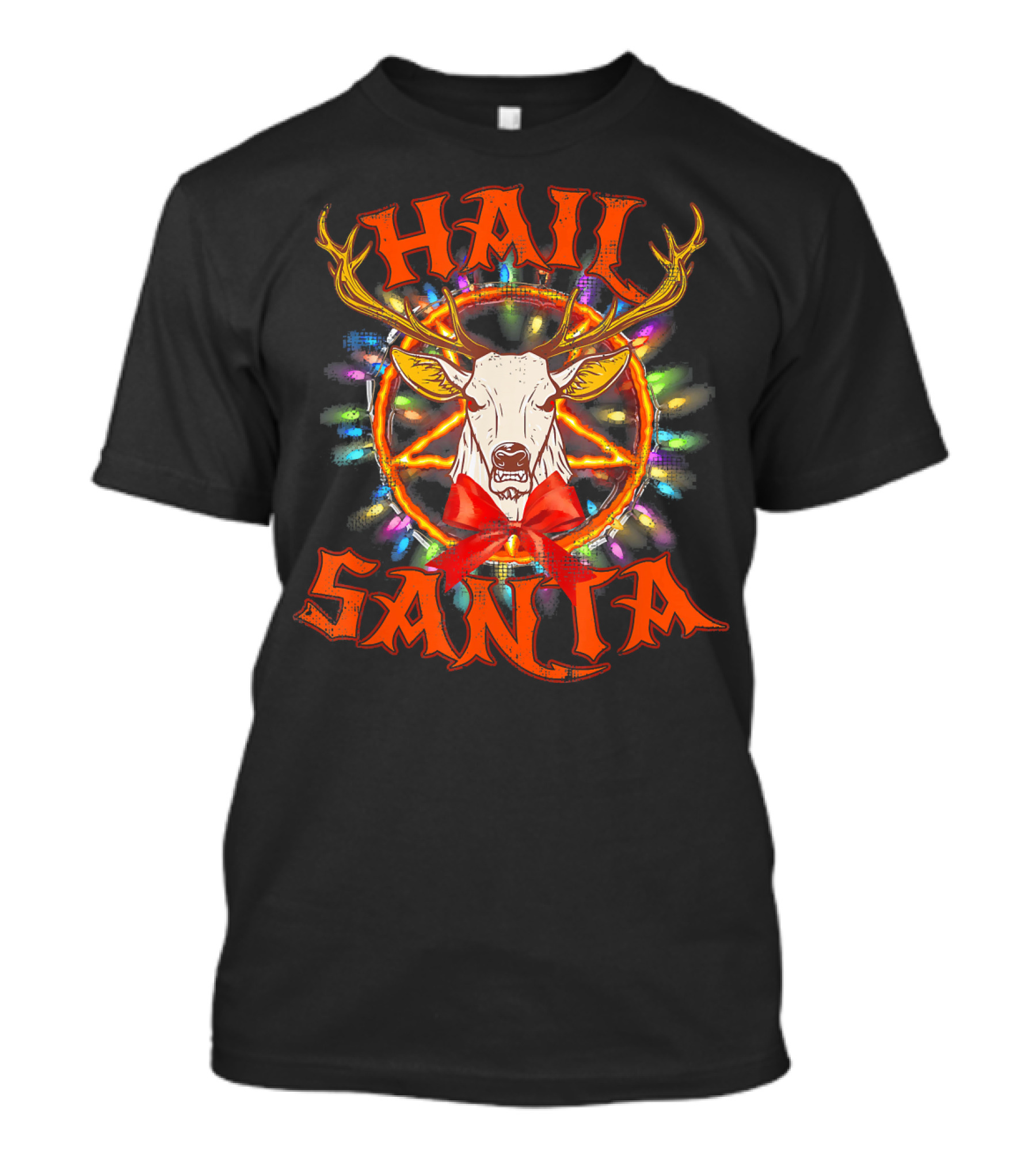 Hail Santa Christmas Reindeer With Pentagram And Lights T-Shirt
