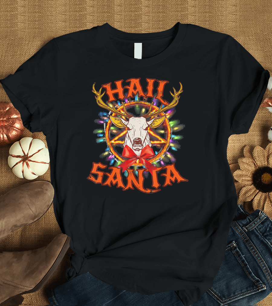 Hail Santa Christmas Reindeer with Pentagram and Lights T-Shirt