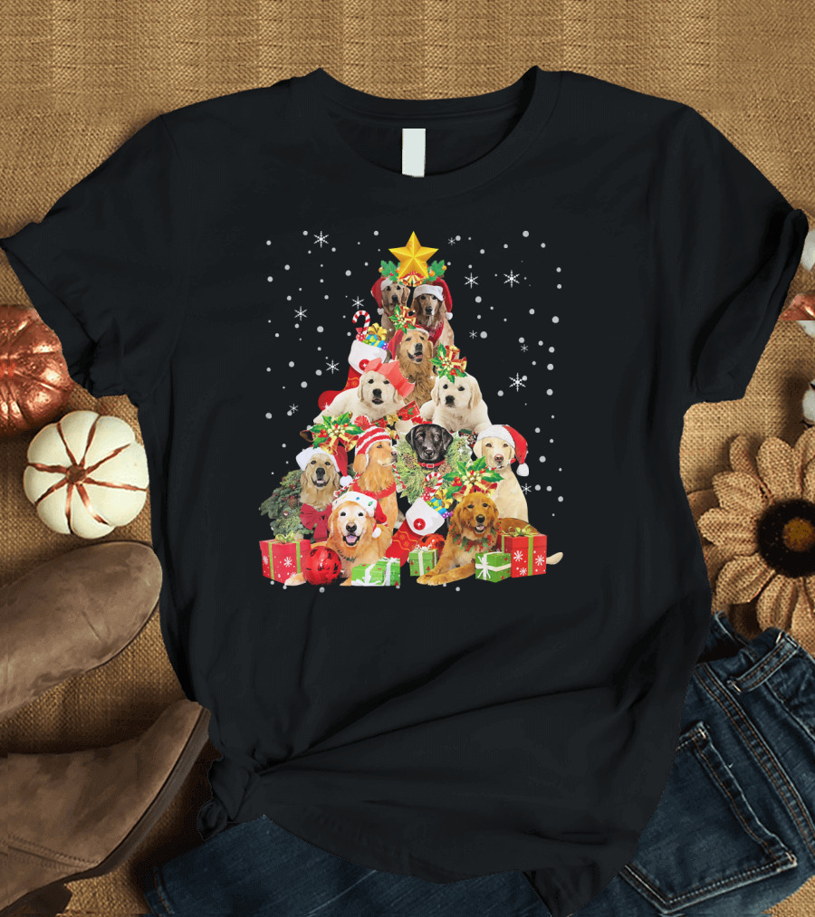 Golden Retriever Christmas Tree with Santa Hats and Presents T-Shirt