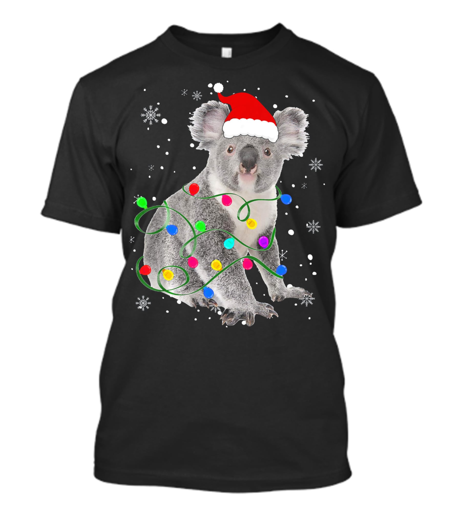 Koala Wrapped In Christmas Lights Wearing Santa Hat With Snowflakes Matching Fam T-Shirt