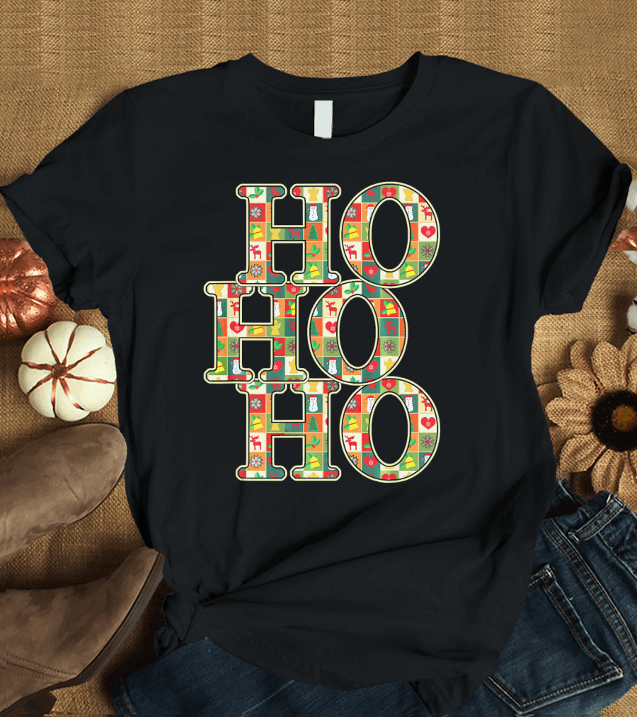 HoHoHo Funny Christmas Santa Patchwork Reindeer Snowman Ornaments T-Shirt