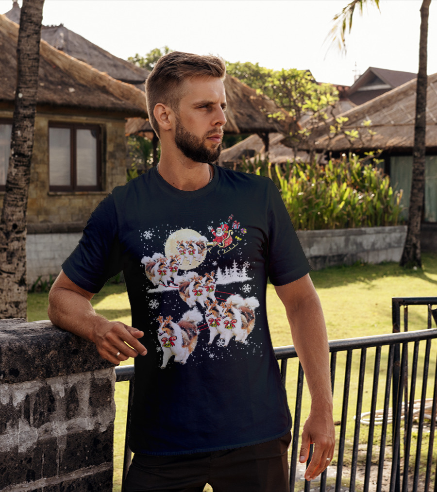 Sheltie Reindeer Christmas Nice Dog Santa Sleigh Moon Snowflakes T-Shirt