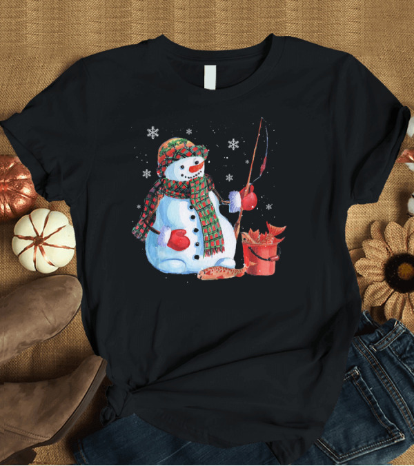 T-Shirt: Merry Christmas Snowman Fishing with Fish and Snowflakes T-Shirt Merry Christmas Snowman Fishing with Fish and Snowflakes T-Shirt