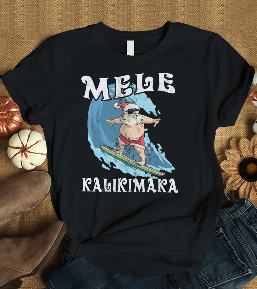 Mele Kalikimaka Funny Santa Surfing Wave T-Shirt