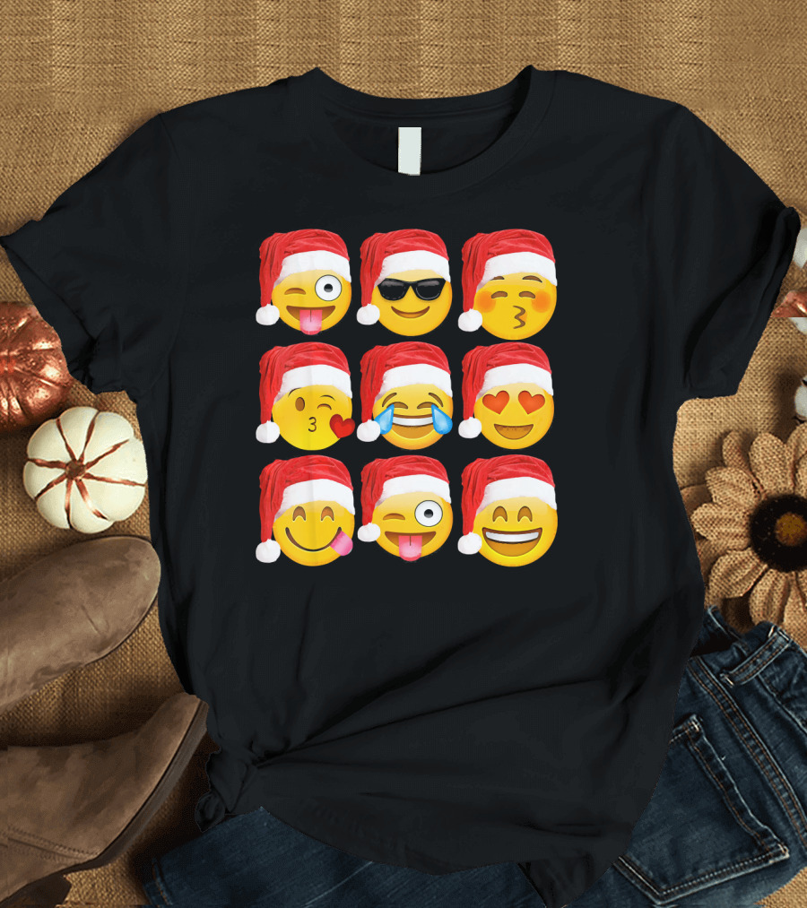 Emoji Christmas Santa Hats Heart Eyes Kiss Faces T-Shirt