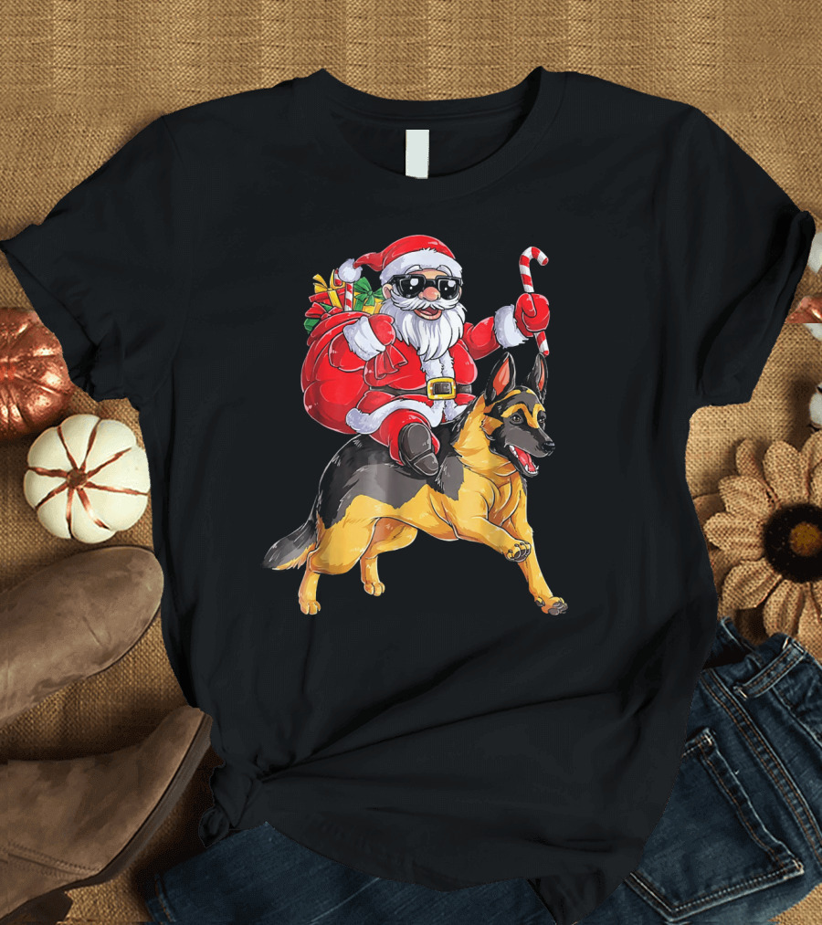 Santa Claus Riding German Shepherd with Candy Cane and Gifts T-Shirt