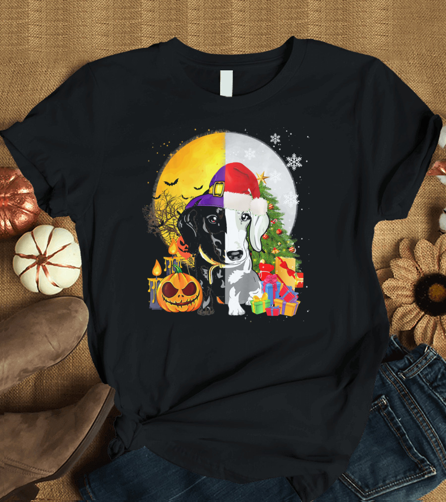Dachshund Happy Halloween Merry Christmas Dual Holiday T-Shirt