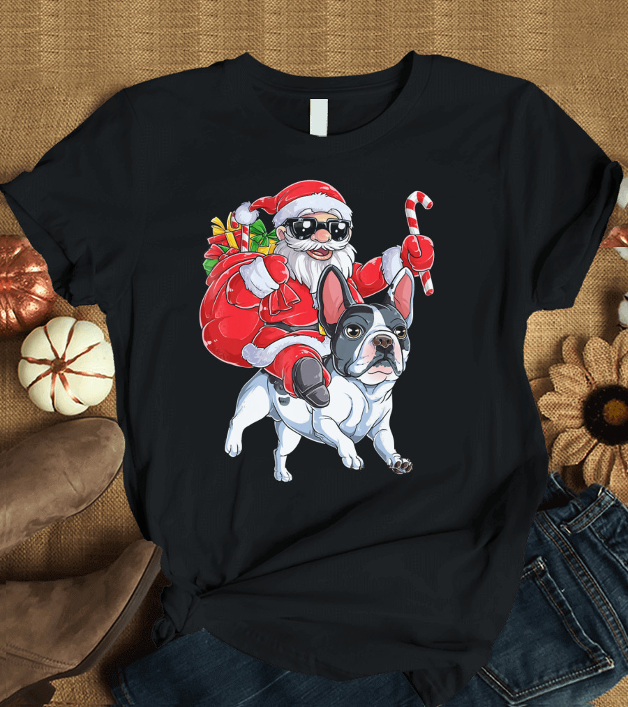 French Bulldog Christmas Santa Claus Cane Sleigh T-Shirt