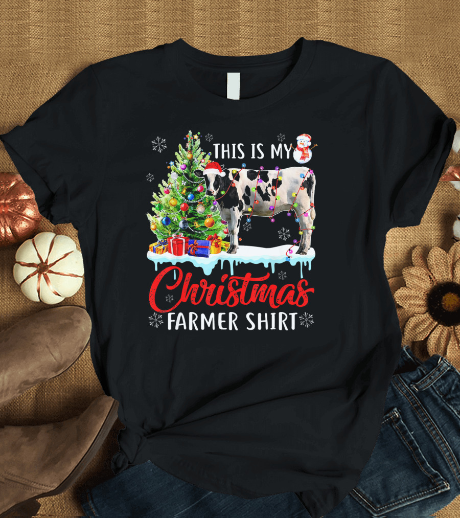 This Is My Christmas Farmer Shirt Cow Santa Hat Snowman Lights Tree T-Shirt