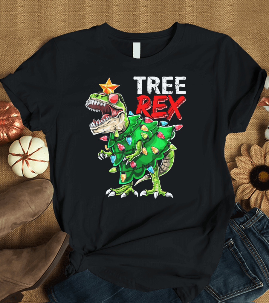 Tree Rex Dinosaur Christmas Tree With Festive Lights and Star T-Shirt