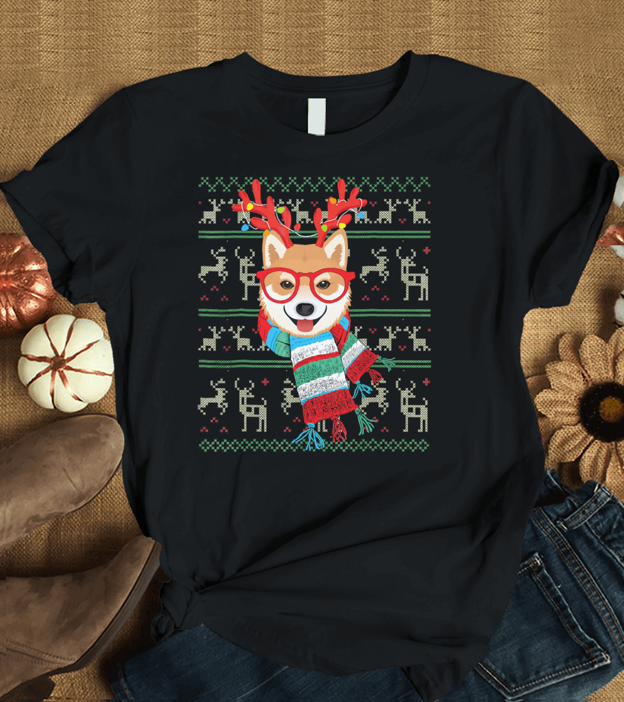 Shiba Inu with Reindeer Antlers and Festive Scarf Lights T-Shirt