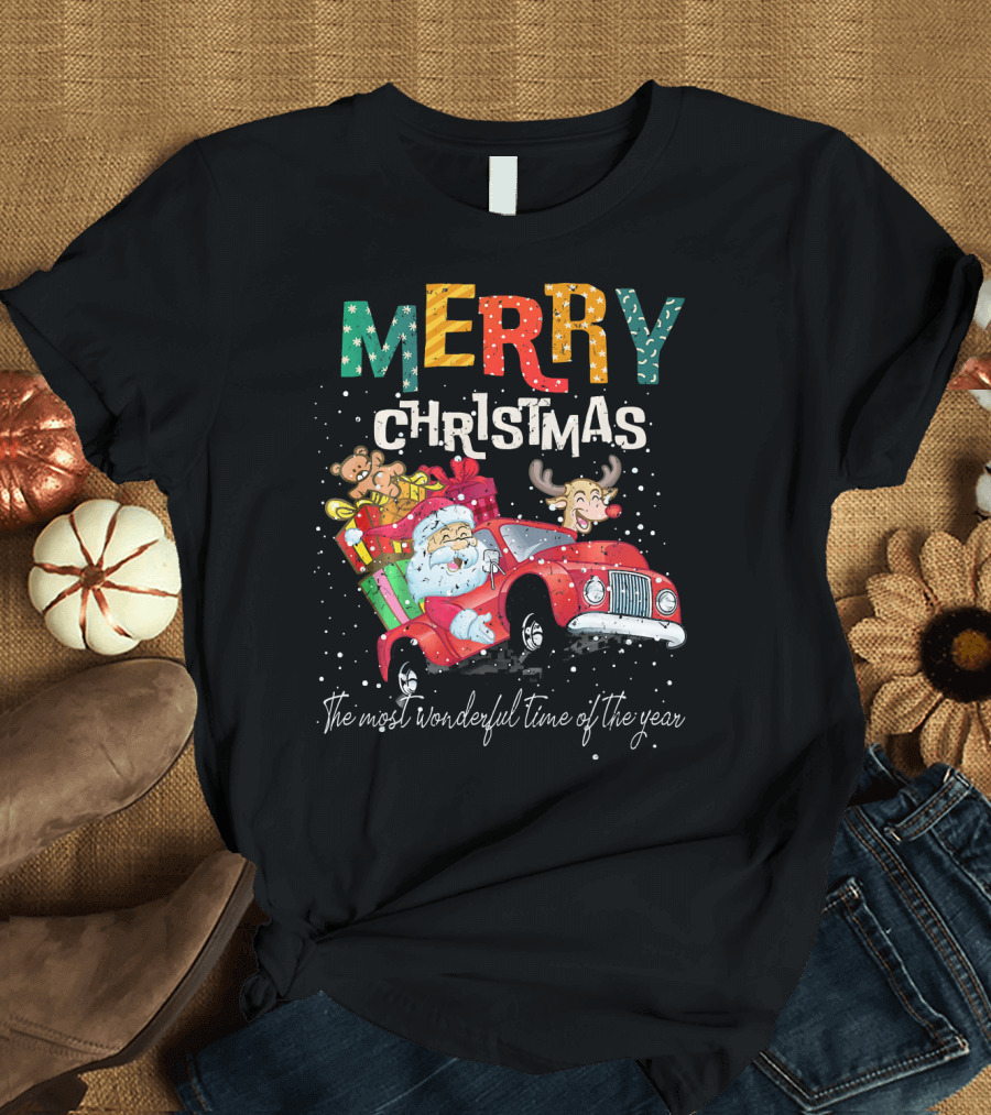 Merry Christmas Reindeer Santa Drive Red The Most Wonderful Time of the Year T-Shirt
