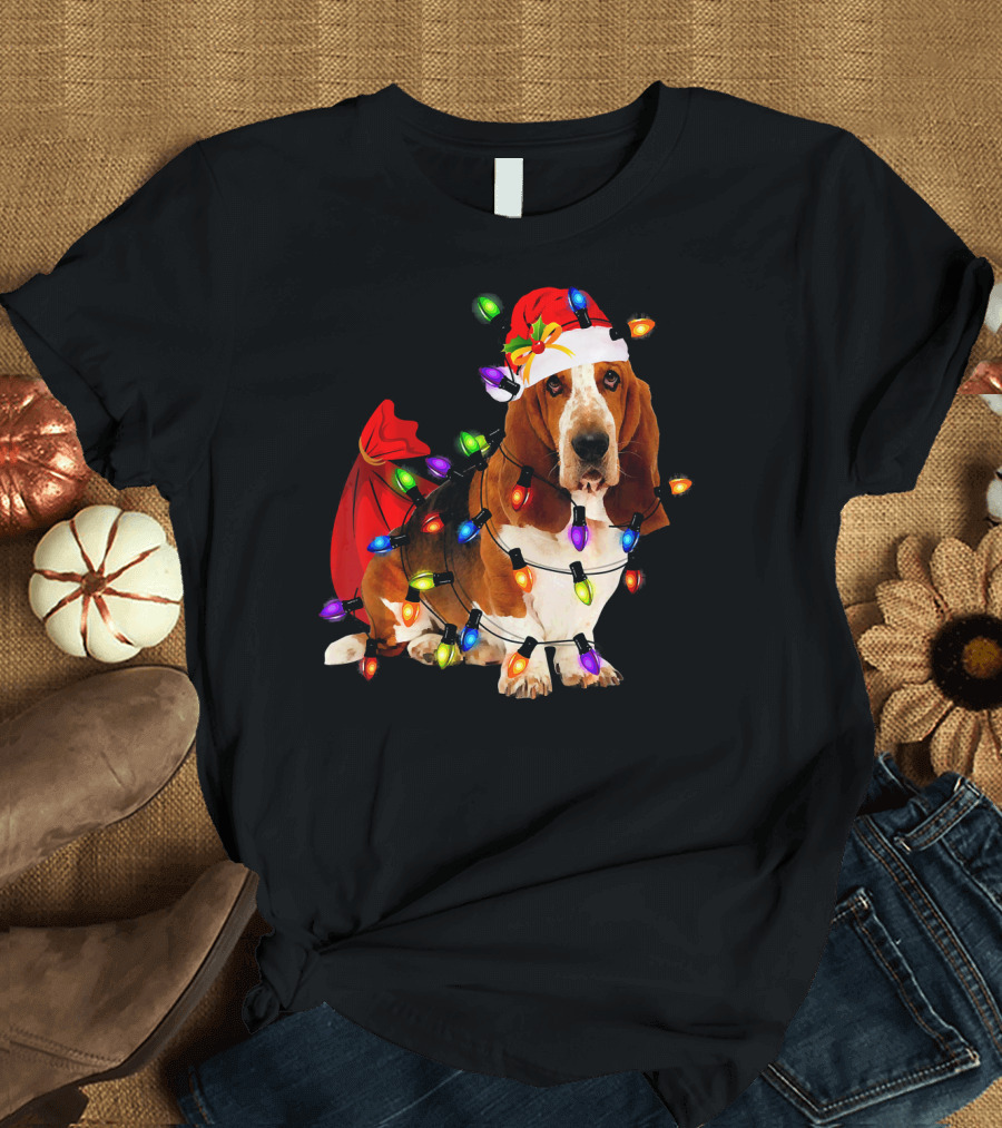 Basset Hound Wrapped in Christmas Lights with Santa Hat and Red Sack T-Shirt