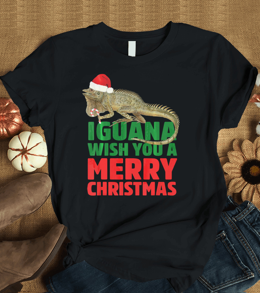 Iguana Wish You A Merry Christmas Santa Hat Candy Cane T-Shirt