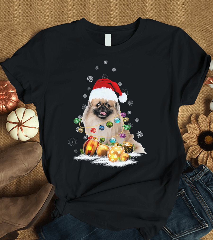 Pekingese Christmas Dog Lights with Santa Hat and Snowflakes T-Shirt