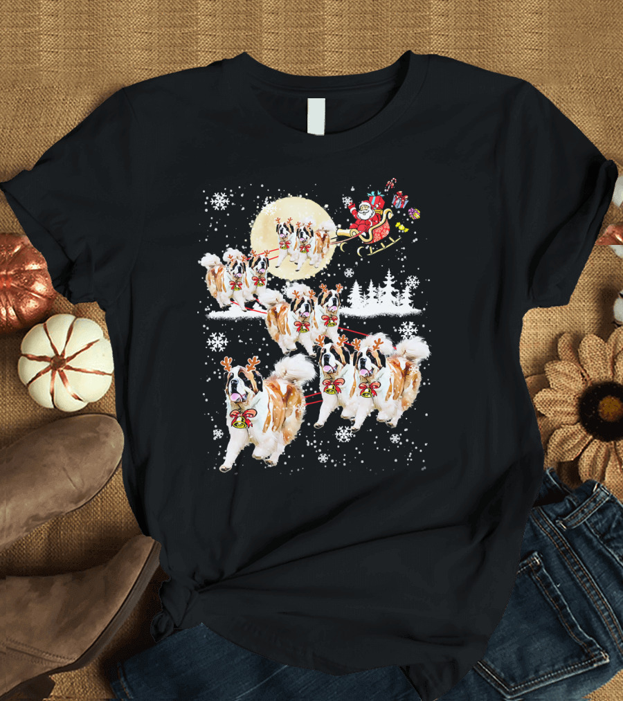 St Bernard Reindeer Christmas Santa Sleigh Nice Dog T-Shirt