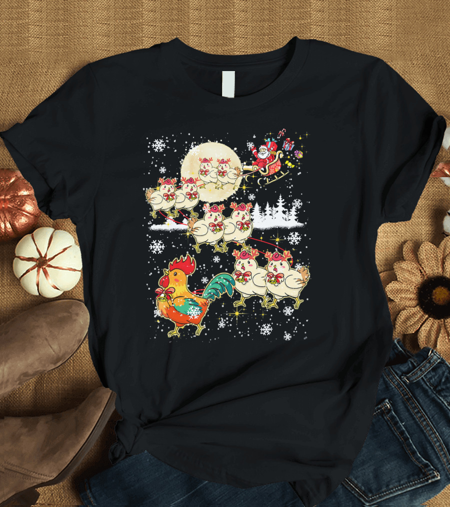 Chicken Reindeer Christmas Santa Sleigh with Snowflakes and Nice Chicken T-Shirt