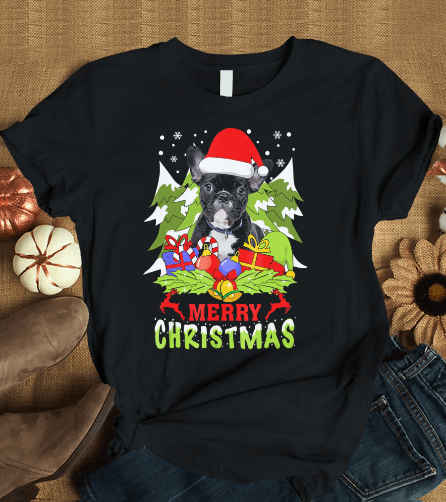 Merry Christmas French Bulldog Santa Hat Gifts Snowflakes T-Shirt