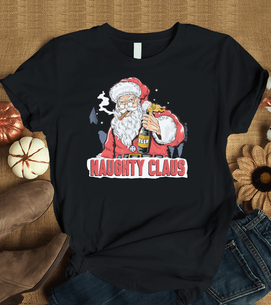 Naughty Claus Santa with Beer Funny Humor XMAS T-Shirt