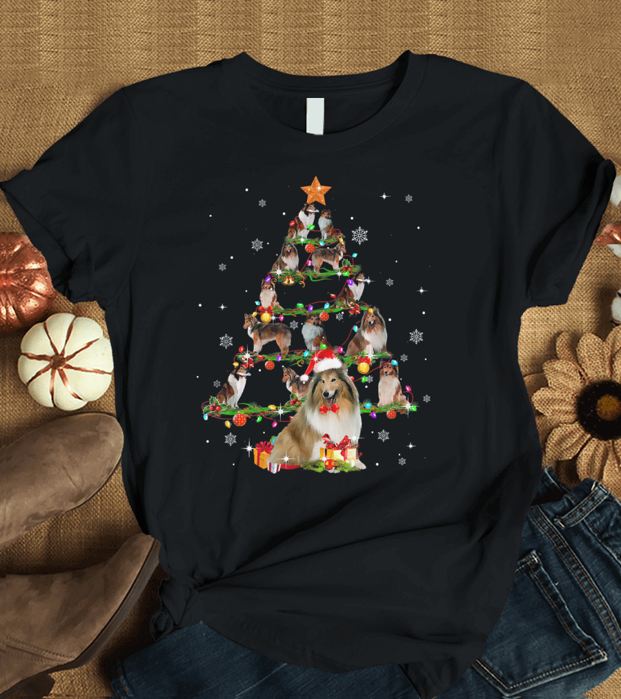 Rough Collie Christmas Tree with Santa Hat and Gifts T-Shirt